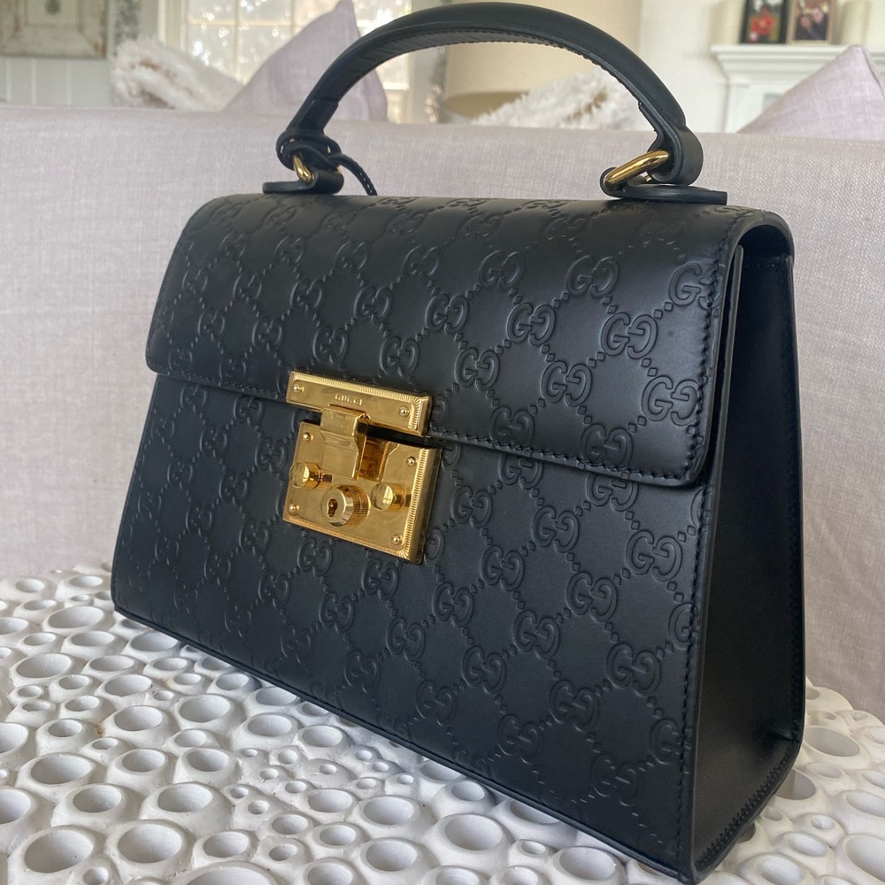 Gucci leather print handbag gold padlock w/handle